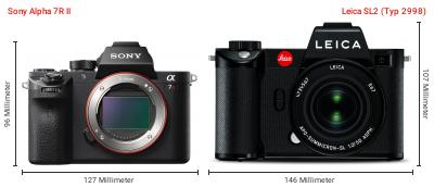 Größenvergleich: Sony Alpha 7R II vs. Leica SL2 (Typ 2998) Größenvergleich: Sony Alpha 7R II vs. Leica SL2 (Typ 2998)