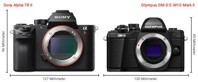 Größenvergleich: Sony Alpha 7R II vs. OM System OM-D E-M10 Mark II Größenvergleich: Sony Alpha 7R II vs. OM System OM-D E-M10 Mark II