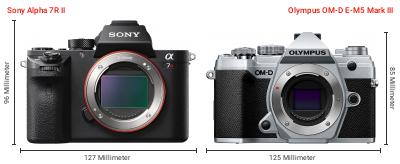 Größenvergleich: Sony Alpha 7R II vs. OM System OM-D E-M5 Mark III Größenvergleich: Sony Alpha 7R II vs. OM System OM-D E-M5 Mark III