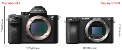 Größenvergleich: Sony Alpha 7R II vs. Sony Alpha 6500 Größenvergleich: Sony Alpha 7R II vs. Sony Alpha 6500