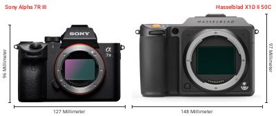 Größenvergleich: Sony Alpha 7R III vs. Hasselblad X1D II 50C Größenvergleich: Sony Alpha 7R III vs. Hasselblad X1D II 50C