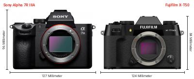 Größenvergleich: Sony Alpha 7R IIIA vs. Fujifilm X-T50 Größenvergleich: Sony Alpha 7R IIIA vs. Fujifilm X-T50