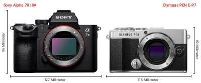Größenvergleich: Sony Alpha 7R IIIA vs. OM System PEN E-P7 Größenvergleich: Sony Alpha 7R IIIA vs. OM System PEN E-P7