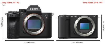 Größenvergleich: Sony Alpha 7R IVA vs. Sony Alpha ZV-E10 II Größenvergleich: Sony Alpha 7R IVA vs. Sony Alpha ZV-E10 II