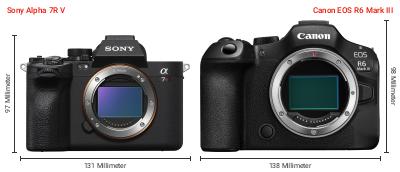Größenvergleich: Sony Alpha 7R V vs. Canon EOS R6 Mark III Größenvergleich: Sony Alpha 7R V vs. Canon EOS R6 Mark III