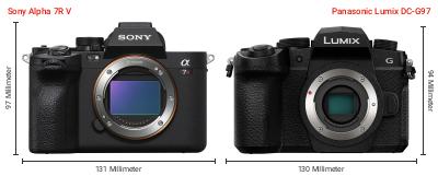 Größenvergleich: Sony Alpha 7R V vs. Panasonic Lumix DC-G97 Größenvergleich: Sony Alpha 7R V vs. Panasonic Lumix DC-G97