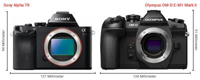 Größenvergleich: Sony Alpha 7R vs. OM System OM-D E-M1 Mark II Größenvergleich: Sony Alpha 7R vs. OM System OM-D E-M1 Mark II