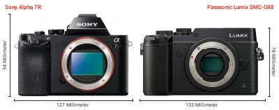 Größenvergleich: Sony Alpha 7R vs. Panasonic Lumix DMC-GX8 Größenvergleich: Sony Alpha 7R vs. Panasonic Lumix DMC-GX8