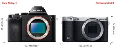 Größenvergleich: Sony Alpha 7R vs. Samsung NX500 Größenvergleich: Sony Alpha 7R vs. Samsung NX500