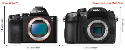 Größenvergleich: Sony Alpha 7S vs. Panasonic Lumix DMC-GH4 Größenvergleich: Sony Alpha 7S vs. Panasonic Lumix DMC-GH4