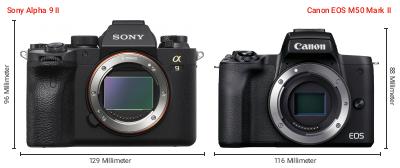 Größenvergleich: Sony Alpha 9 II vs. Canon EOS M50 Mark II