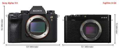 Größenvergleich: Sony Alpha 9 II vs. Fujifilm X-E4 Größenvergleich: Sony Alpha 9 II vs. Fujifilm X-E4