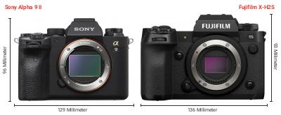 Größenvergleich: Sony Alpha 9 II vs. Fujifilm X-H2S Größenvergleich: Sony Alpha 9 II vs. Fujifilm X-H2S