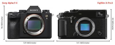 Größenvergleich: Sony Alpha 9 II vs. Fujifilm X-Pro3 Größenvergleich: Sony Alpha 9 II vs. Fujifilm X-Pro3
