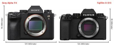 Größenvergleich: Sony Alpha 9 II vs. Fujifilm X-S10 Größenvergleich: Sony Alpha 9 II vs. Fujifilm X-S10