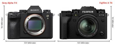 Größenvergleich: Sony Alpha 9 II vs. Fujifilm X-T4 Größenvergleich: Sony Alpha 9 II vs. Fujifilm X-T4