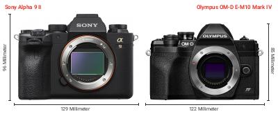 Größenvergleich: Sony Alpha 9 II vs. OM System OM-D E-M10 Mark IV Größenvergleich: Sony Alpha 9 II vs. OM System OM-D E-M10 Mark IV