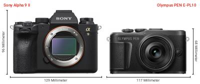 Größenvergleich: Sony Alpha 9 II vs. OM System PEN E-PL10 Größenvergleich: Sony Alpha 9 II vs. OM System PEN E-PL10