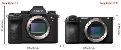 Größenvergleich: Sony Alpha 9 II vs. Sony Alpha 6700 Größenvergleich: Sony Alpha 9 II vs. Sony Alpha 6700