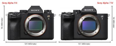 Größenvergleich: Sony Alpha 9 II vs. Sony Alpha 7 IV Größenvergleich: Sony Alpha 9 II vs. Sony Alpha 7 IV