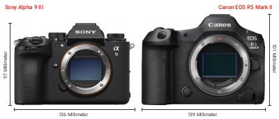 Größenvergleich: Sony Alpha 9 III vs. Canon EOS R5 Mark II Größenvergleich: Sony Alpha 9 III vs. Canon EOS R5 Mark II