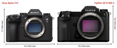 Größenvergleich: Sony Alpha 9 III vs. Fujifilm GFX100S II Größenvergleich: Sony Alpha 9 III vs. Fujifilm GFX100S II