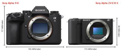 Größenvergleich: Sony Alpha 9 III vs. Sony Alpha ZV-E10 II Größenvergleich: Sony Alpha 9 III vs. Sony Alpha ZV-E10 II