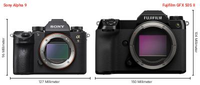 Größenvergleich: Sony Alpha 9 vs. Fujifilm GFX 50S II