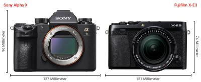 Größenvergleich: Sony Alpha 9 vs. Fujifilm X-E3 Größenvergleich: Sony Alpha 9 vs. Fujifilm X-E3