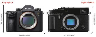 Größenvergleich: Sony Alpha 9 vs. Fujifilm X-Pro3 Größenvergleich: Sony Alpha 9 vs. Fujifilm X-Pro3
