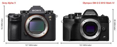 Größenvergleich: Sony Alpha 9 vs. OM System OM-D E-M10 Mark IV Größenvergleich: Sony Alpha 9 vs. OM System OM-D E-M10 Mark IV
