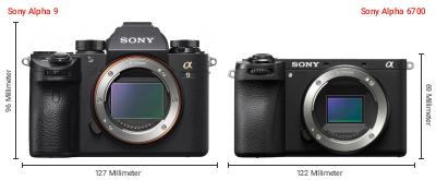 Größenvergleich: Sony Alpha 9 vs. Sony Alpha 6700 Größenvergleich: Sony Alpha 9 vs. Sony Alpha 6700
