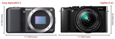 Größenvergleich: Sony Alpha NEX-3 vs. Fujifilm X-A1 Größenvergleich: Sony Alpha NEX-3 vs. Fujifilm X-A1
