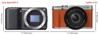 Größenvergleich: Sony Alpha NEX-3 vs. Fujifilm X-A2 Größenvergleich: Sony Alpha NEX-3 vs. Fujifilm X-A2