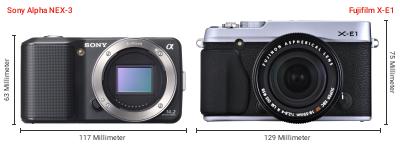 Größenvergleich: Sony Alpha NEX-3 vs. Fujifilm X-E1 Größenvergleich: Sony Alpha NEX-3 vs. Fujifilm X-E1