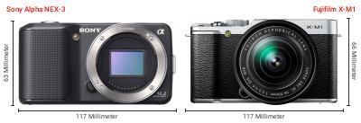 Größenvergleich: Sony Alpha NEX-3 vs. Fujifilm X-M1 Größenvergleich: Sony Alpha NEX-3 vs. Fujifilm X-M1