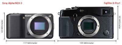Größenvergleich: Sony Alpha NEX-3 vs. Fujifilm X-Pro1 Größenvergleich: Sony Alpha NEX-3 vs. Fujifilm X-Pro1