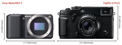 Größenvergleich: Sony Alpha NEX-3 vs. Fujifilm X-Pro2 Größenvergleich: Sony Alpha NEX-3 vs. Fujifilm X-Pro2
