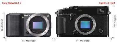 Größenvergleich: Sony Alpha NEX-3 vs. Fujifilm X-Pro3 Größenvergleich: Sony Alpha NEX-3 vs. Fujifilm X-Pro3