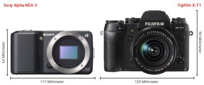 Größenvergleich: Sony Alpha NEX-3 vs. Fujifilm X-T1 Größenvergleich: Sony Alpha NEX-3 vs. Fujifilm X-T1