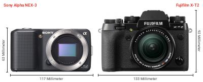Größenvergleich: Sony Alpha NEX-3 vs. Fujifilm X-T2 Größenvergleich: Sony Alpha NEX-3 vs. Fujifilm X-T2