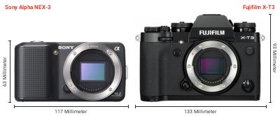 Größenvergleich: Sony Alpha NEX-3 vs. Fujifilm X-T3 Größenvergleich: Sony Alpha NEX-3 vs. Fujifilm X-T3