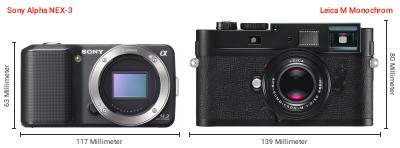 Größenvergleich: Sony Alpha NEX-3 vs. Leica M Monochrom Größenvergleich: Sony Alpha NEX-3 vs. Leica M Monochrom
