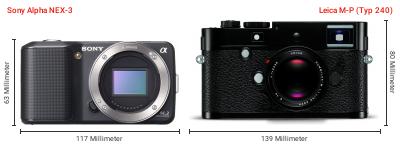 Größenvergleich: Sony Alpha NEX-3 vs. Leica M-P (Typ 240) Größenvergleich: Sony Alpha NEX-3 vs. Leica M-P (Typ 240)