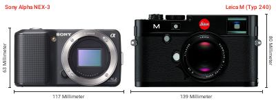 Größenvergleich: Sony Alpha NEX-3 vs. Leica M (Typ 240) Größenvergleich: Sony Alpha NEX-3 vs. Leica M (Typ 240)