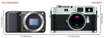 Größenvergleich: Sony Alpha NEX-3 vs. Leica M9-P Größenvergleich: Sony Alpha NEX-3 vs. Leica M9-P