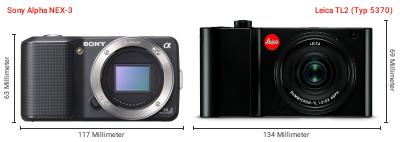 Größenvergleich: Sony Alpha NEX-3 vs. Leica TL2 (Typ 5370) Größenvergleich: Sony Alpha NEX-3 vs. Leica TL2 (Typ 5370)