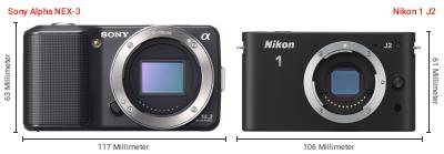 Größenvergleich: Sony Alpha NEX-3 vs. Nikon 1 J2 Größenvergleich: Sony Alpha NEX-3 vs. Nikon 1 J2