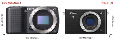 Größenvergleich: Sony Alpha NEX-3 vs. Nikon 1 J4 Größenvergleich: Sony Alpha NEX-3 vs. Nikon 1 J4