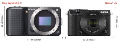 Größenvergleich: Sony Alpha NEX-3 vs. Nikon 1 J5 Größenvergleich: Sony Alpha NEX-3 vs. Nikon 1 J5